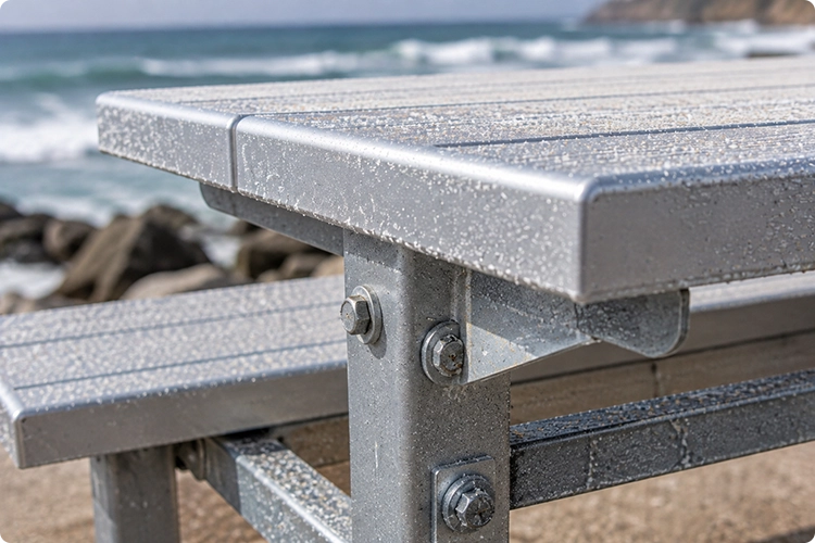 Close-up of aluminum picnic table hardware exposed to salt spray and moisture in a coastal environment.